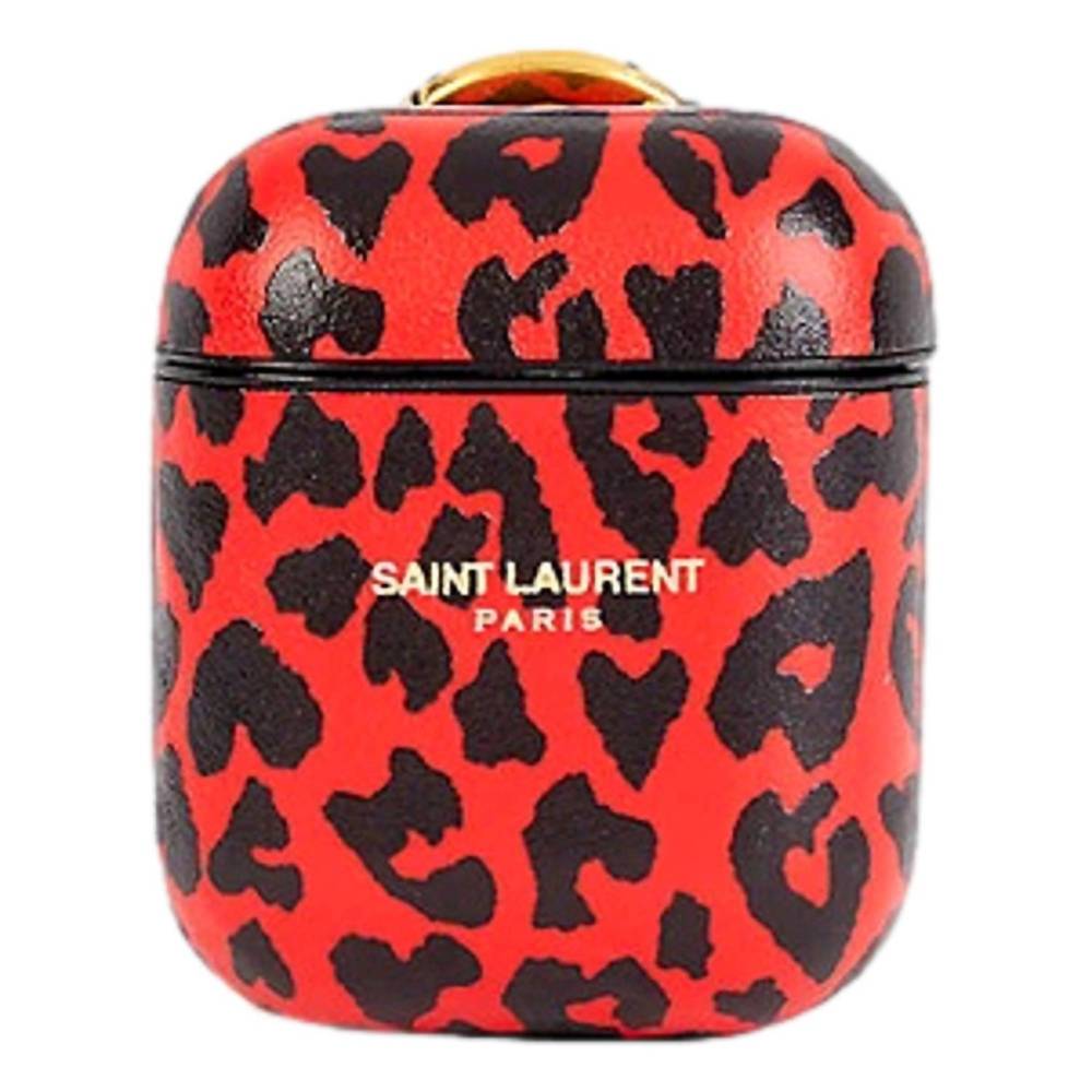 NEW SAINT LAURENT women's leopard print leather airpods case in black/red